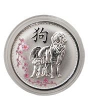 2018 Year of the Dog 1 oz .999 Silver Chinese Zodiac Colorized Blossom Coin – Dogs & Plum Flower Design
