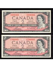 2 x Canada 1954 $2 notes Beattie Rasminsky F/G8085965 F/G 7989965 CH UNC