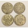 4 x Russia 15 Kopeks silver coins 