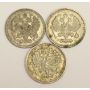3 x Russia 10 Kopek silver coins 