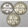 Newfoundland 1912 20 cents plus 1917 and 1919 25 cents 3-coins VG-F