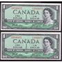 2x 1954 Canada $1 banknotes consecutive BC-37a-i F/M3849071-72 Choice UNC
