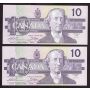 2x 1989 Canada $10 consecutive notes Theissen Crow AER4376026-27 CH UNC