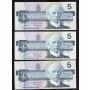 3x 1986 Canada $5 dollar consecutive banknotes