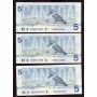 3x 1986 Canada $5 dollar consecutive banknotes