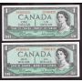 2x 1954 Canada $1 consecutive notes Beattie Rasminsky V/O9569419-20 CH UNC