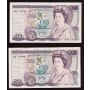 2x consecutive Great Britain £20 Twenty Pound banknotes 