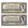 2 x 1954 Bank of Canada $20 Banknotes 