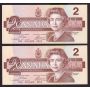 2X 1986 Canada $2 Two Dollar consecutive notes CH UNC63+
