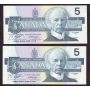 2x 1986 Canada $5 consecutive notes Knight Dodge ANT5703223-24 Choice UNC