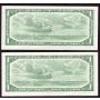 2x 1954 Canada $1 dollar consecutive bank notes  UNC63