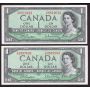 2x 1954 Canada $1 banknotes Beattie Rasminsky F/P3557893 F/P6812613 EF/AU