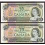 2x 1969 Bank of Canada $20 Twenty Dollar banknotes