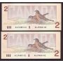 2X 1986 Canada $2 consecutive notes Crow Bouey AUJ9480142 CH UNC+
