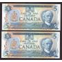 2x 1979 Canada consecutive $5 notes Lawson Bouey 30000479255-56 CH UNC