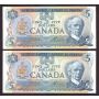 2x 1979 Canada consecutive $5 banknotes Crow Bouey 30570364384-85 UNC