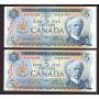 2X 1972 Canada $5 consecutive notes Lawson Bouey SV5131023-24 CH UNC