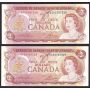 2x 1974 Canada $2 consecutive notes Lawson Bouey AGD2747329-30 CH UNC+