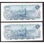 2X 1972 Canada $5 consecutive notes Lawson Bouey SV5131023-24 CH UNC