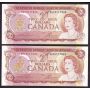 2x 1974 Canada $2 consecutive notes Lawson Bouey ABZ0717542-43 CH UNC+