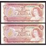 2x 1974 Canada $2 consecutive notes Lawson Bouey ABV6436841-42 CH UNC+