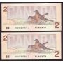 2x 1986 Canada $2 consecutive notes Crow Bouey AUJ6626706-7 BC55a CH UNC