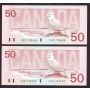 2X 1988 Canada $50 Snowy Owl consecutive notes FHZ1195599-00 CH UNC+