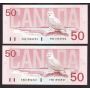 4X 1988 Canada $50 Snowy Owl consecutive notes FME1596921-24 GEM UNC