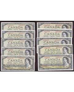 10x 1954 Canada $20 banknotes all nice VF or better