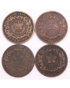 1861 1864 Nova Scotia + 1861 1864 New Brunswick  Large Cents 4-coins VG-F+