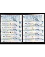 10x 1986 Canada $5 banknotes 10-better BC-56 Kingfisher notes AU to UNC