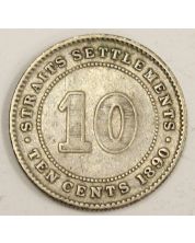 1890 H Straits Settlements 10 Cents silver coin F15