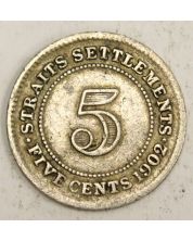 1902 Straits Settlements 5 Cents silver coin a/F