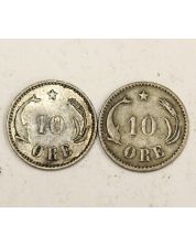 Denmark 1891 and 1905 10 Ore silver coins