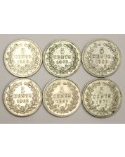 6x Netherlands 5 Cents silver coins 1850 1855 1859 1963 1869 1879 