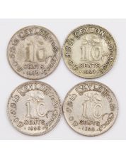 Ceylon 10 cents silver coins 1919 1927 and 2x1928 4-coins