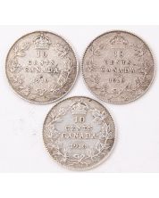 3x 1910 Canada 10 cents 3-coins FINE or better