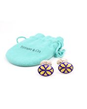 Tiffany & Co Blue and Yellow Floral Oval Sterling Silver Cufflinks