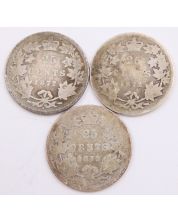 3x 1872H Canada 25 cents AG/G