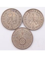 3x Germany 5 Mark silver coins 1935F 1936A 1937A 