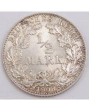1908 D Germany 1/2 Mark silver coin Choice Uncirculated Guaranteed 63 or better 