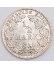 1917 D Germany 1/2Mark silver coin Choice AU/UNC or better