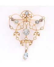 Antique 14k Yellow Gold Aquamarine & Seed Pearl Brooch