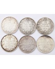 6x 1919 Canada 25 cents 6-coins VF to VF+
