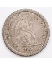 1861 Seated Liberty Quarter 25 cents VF+