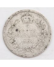 1908 Canada 5 cents large date bowtie AG/G