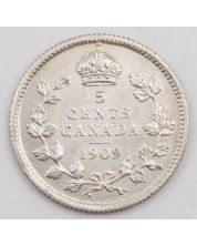 1909 Canada 5 cents round leaves bowtie nice AU