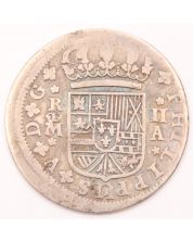 1724 Spain 2 Reales silver coin 4.73 grams poor/G details damaged