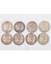 8x Great Britain 3 pence silver coins King Edward VII 1902-04-08-1910 circulated
