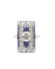 Art Deco c1930 18K wg Diamond and Sapphire ring Size 4.5 